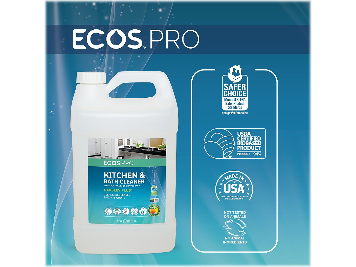 ECOS PRO Parsley Plus All-Purpose Kitchen & Bathroom Cleaner, Herbal Scent, 1 Gal.