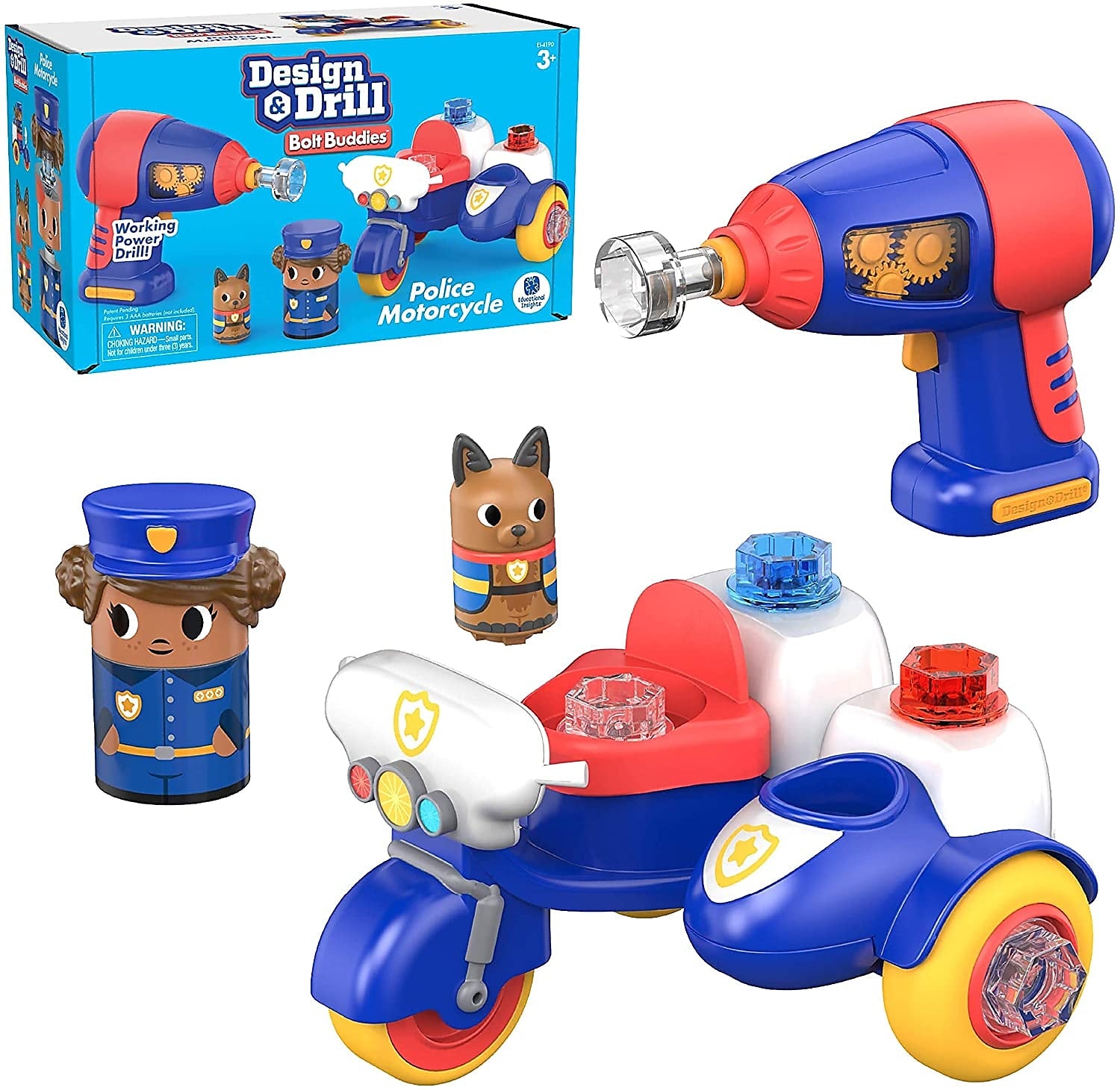 Educational Insights Design & Drill Bolt Buddies Police Motorcycle, Multicolor