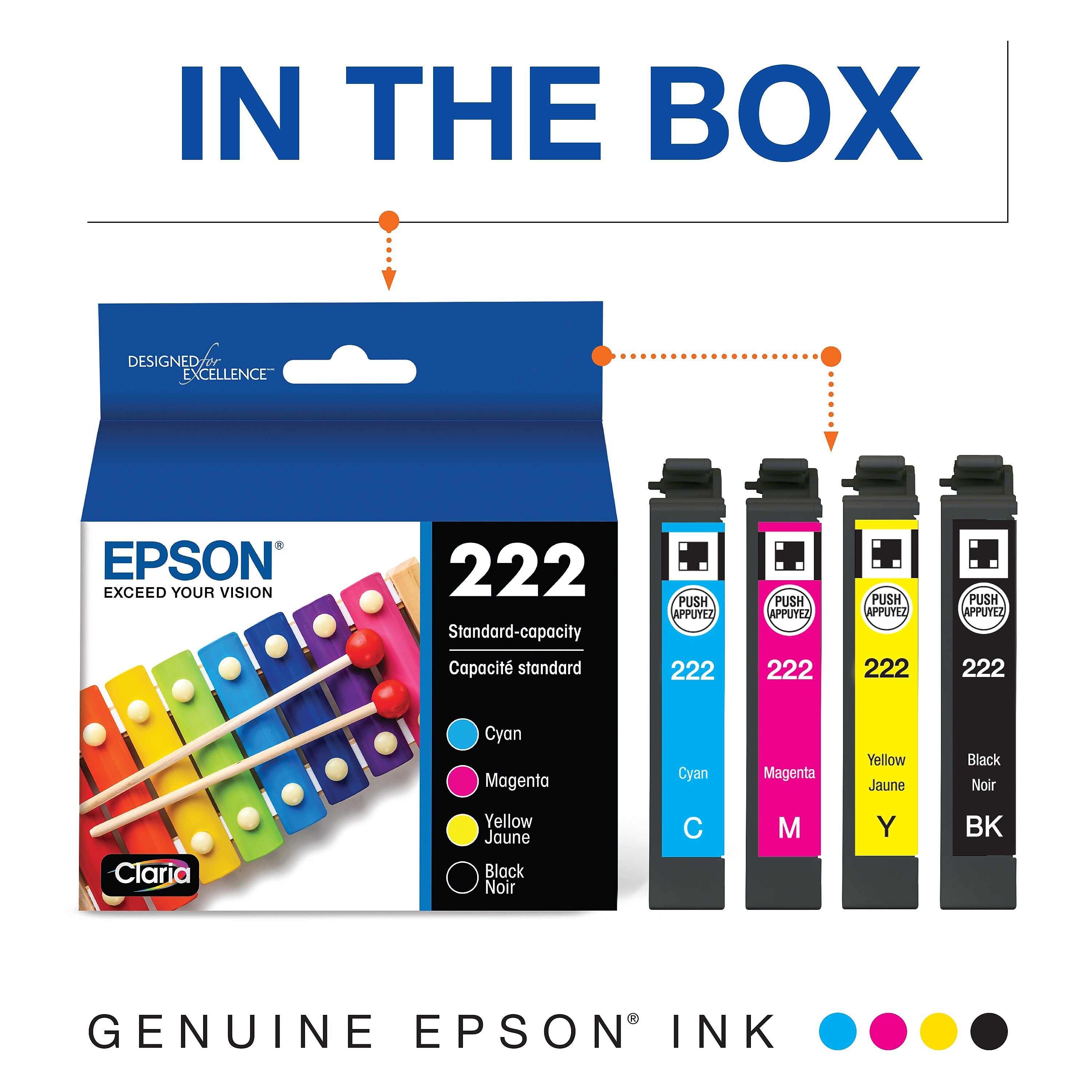 Epson 222 Cyan/Magenta/Yellow/Black Standard Yield Ink Cartridges, 4/Pack