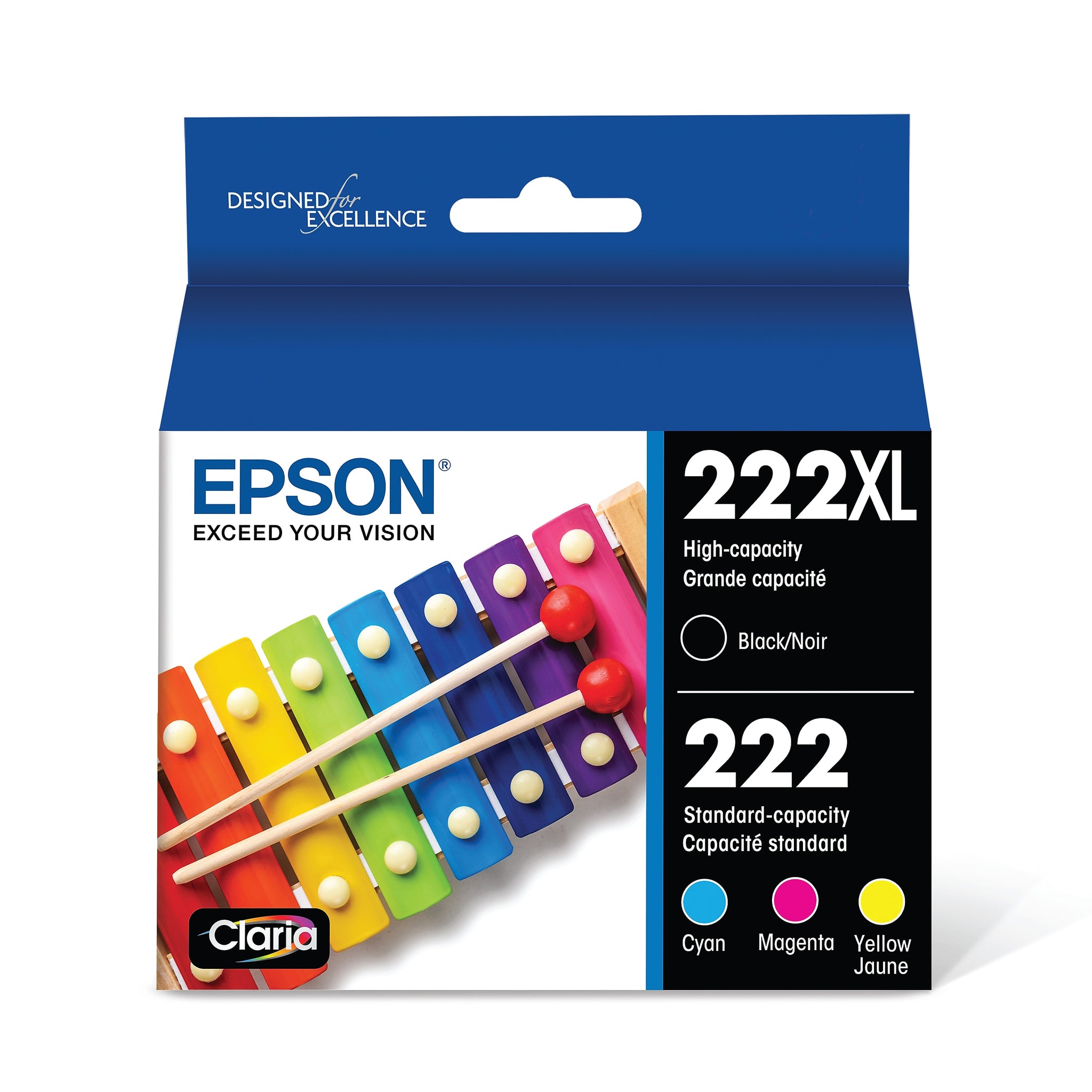 Epson 222XL/222 Black High Yield and Cyan/Magenta/Yellow Standard Yield Ink Cartridges, 4/Pack