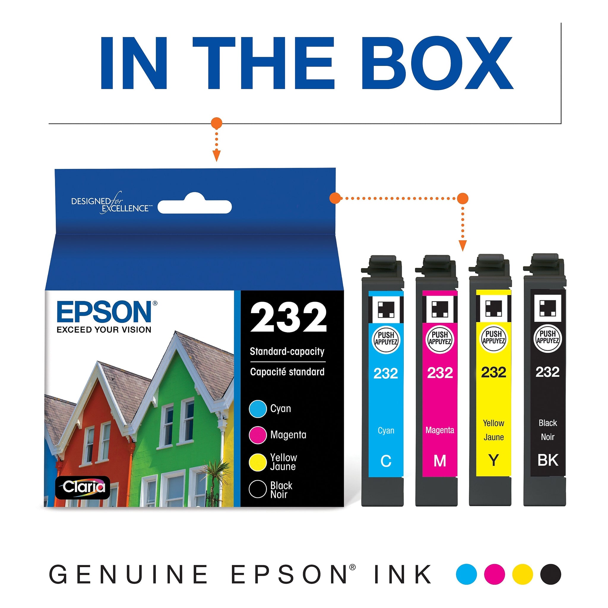 Epson 232 Cyan/Magenta/Yellow/Black Standard Yield Ink Cartridges, 4/Pack