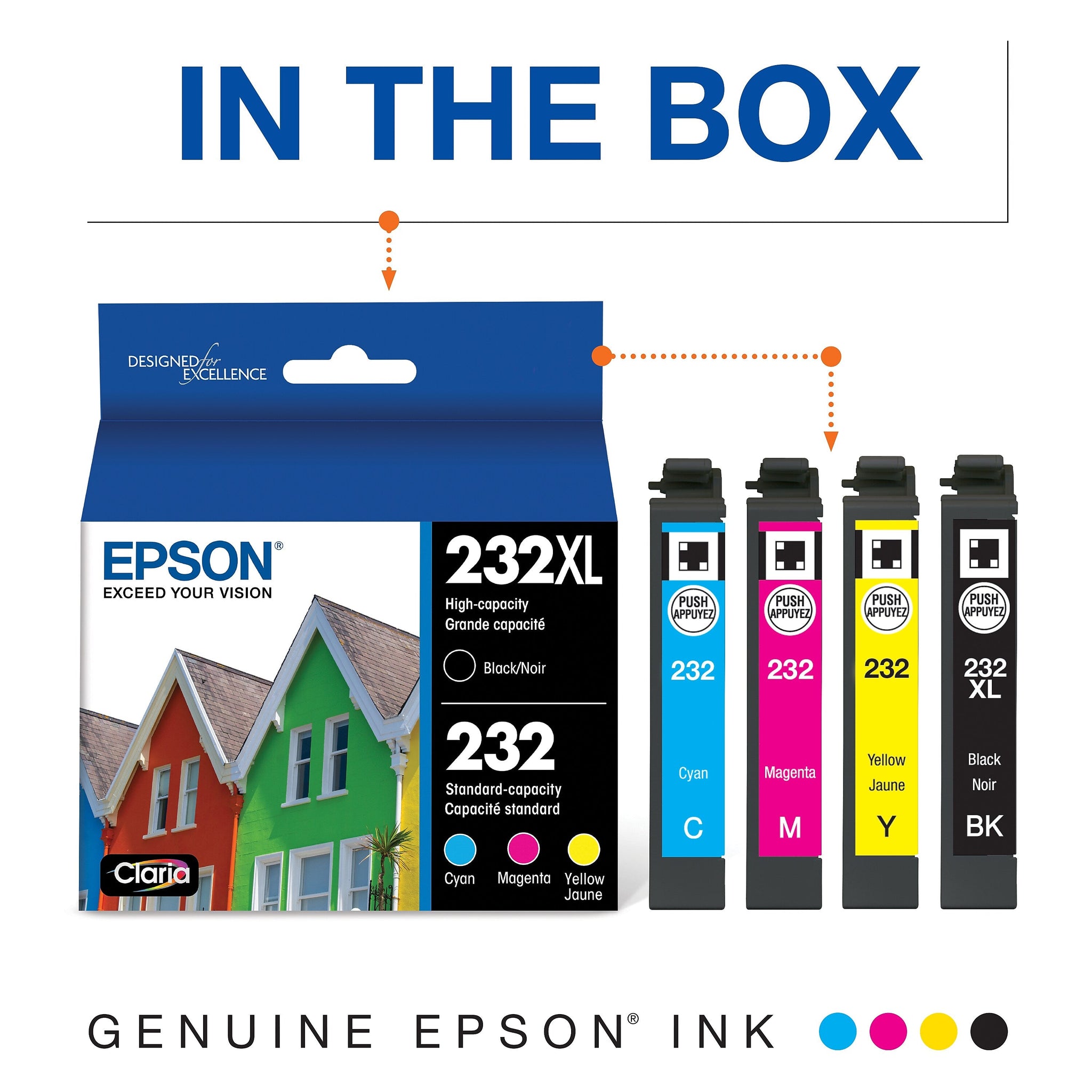 Epson 232XL/232 Black High Yield and Cyan/Magenta/Yellow Standard Yield Ink Cartridge, 4/Pack