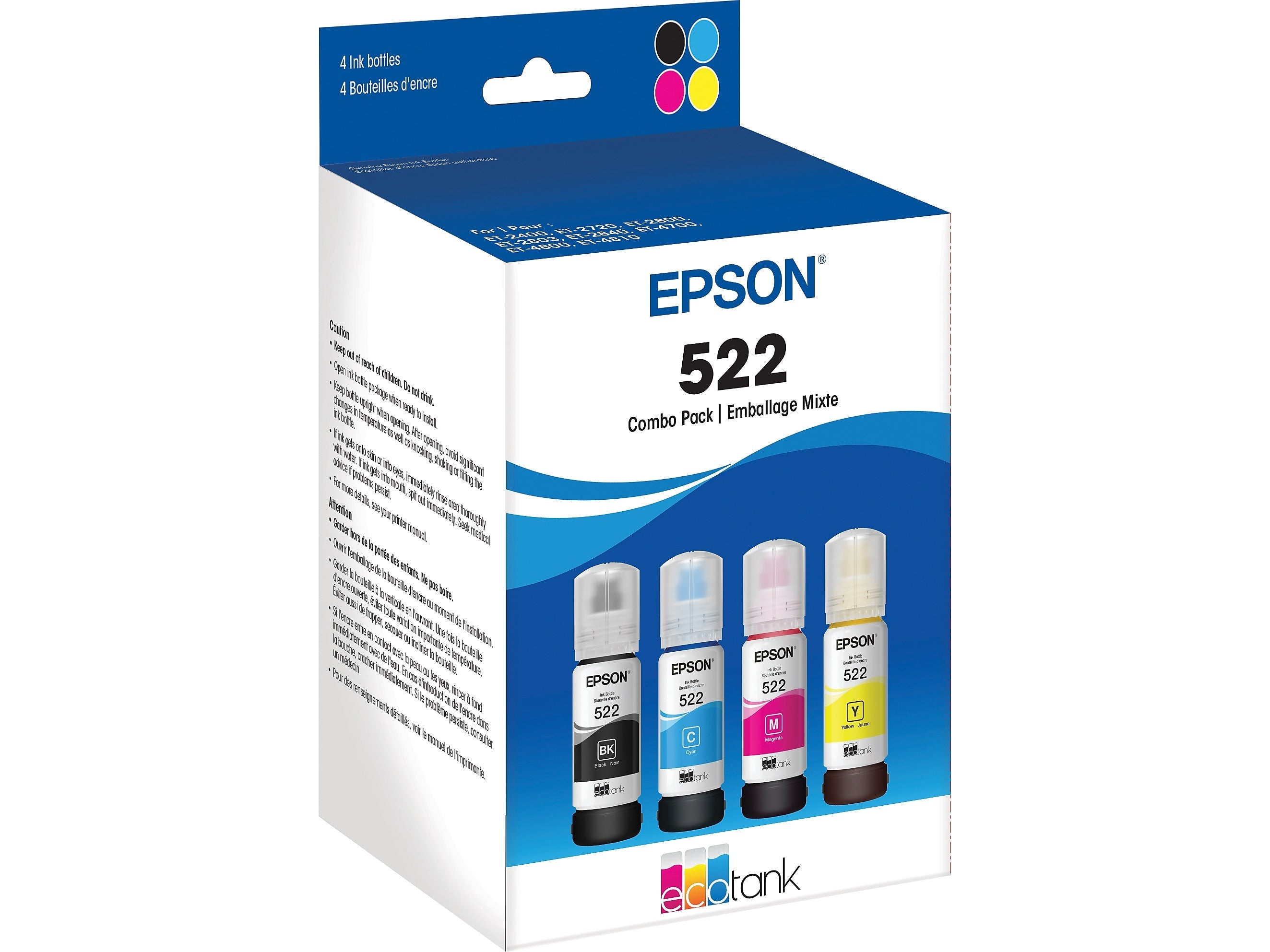 Epson 522 Black/Cyan/Magenta/Yellow Ultra High Yield Ink Cartridge Refill, 4/Pack