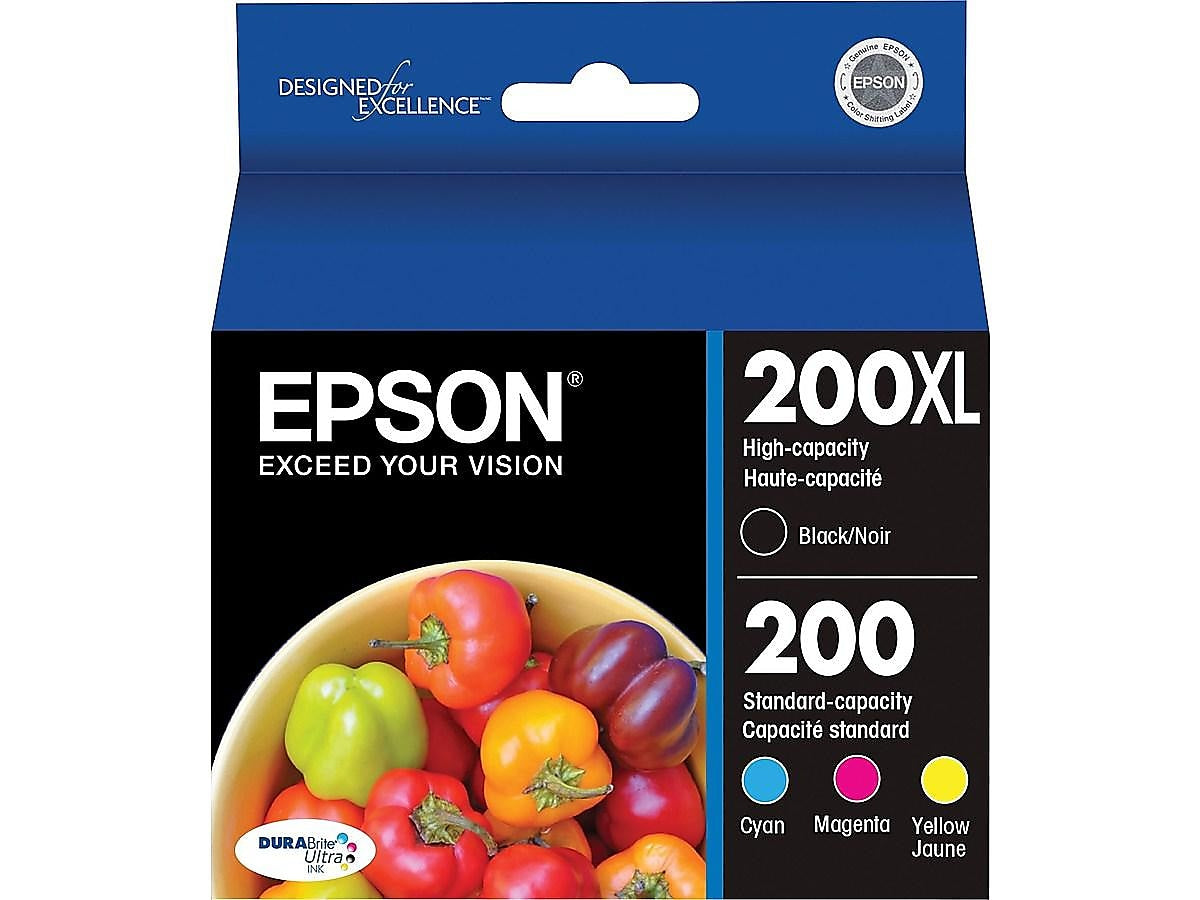 Epson T200 Black High Yield and Cyan/Magenta/Yellow Standard Yield Ink Cartridge, 4/Pack