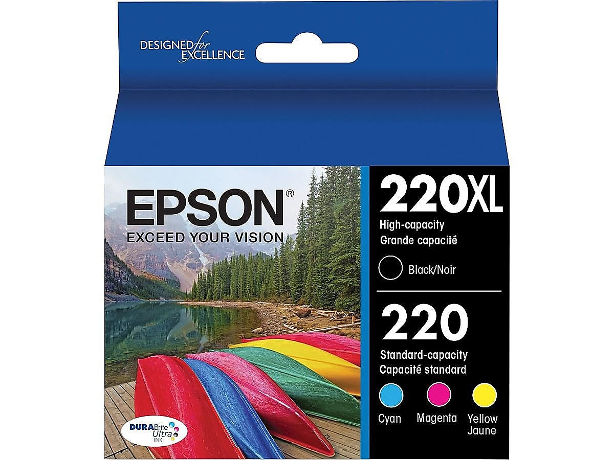 Epson T220 Black High Yield and Cyan/Magenta/Yellow Standard Yield Ink Cartridge, 4/Pack