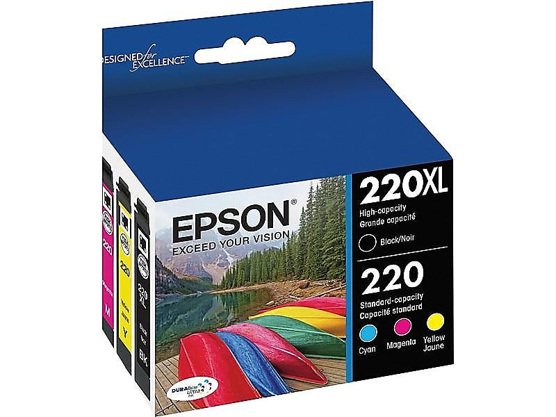 Epson T220 Black High Yield and Cyan/Magenta/Yellow Standard Yield Ink Cartridge, 4/Pack