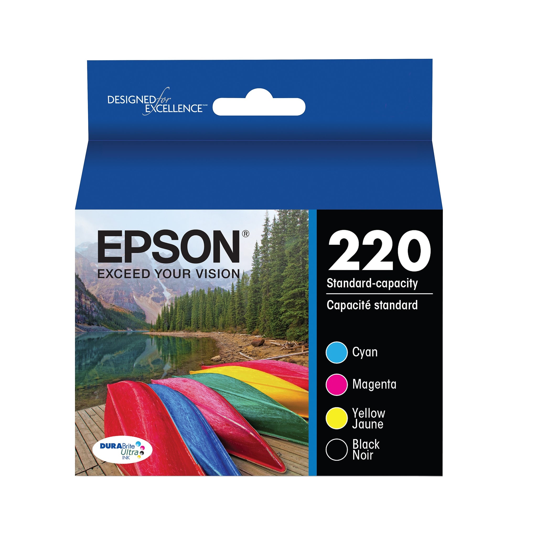 Epson T220 Black/Cyan/Magenta/Yellow Standard Yield Ink Cartridge, 4/Pack
