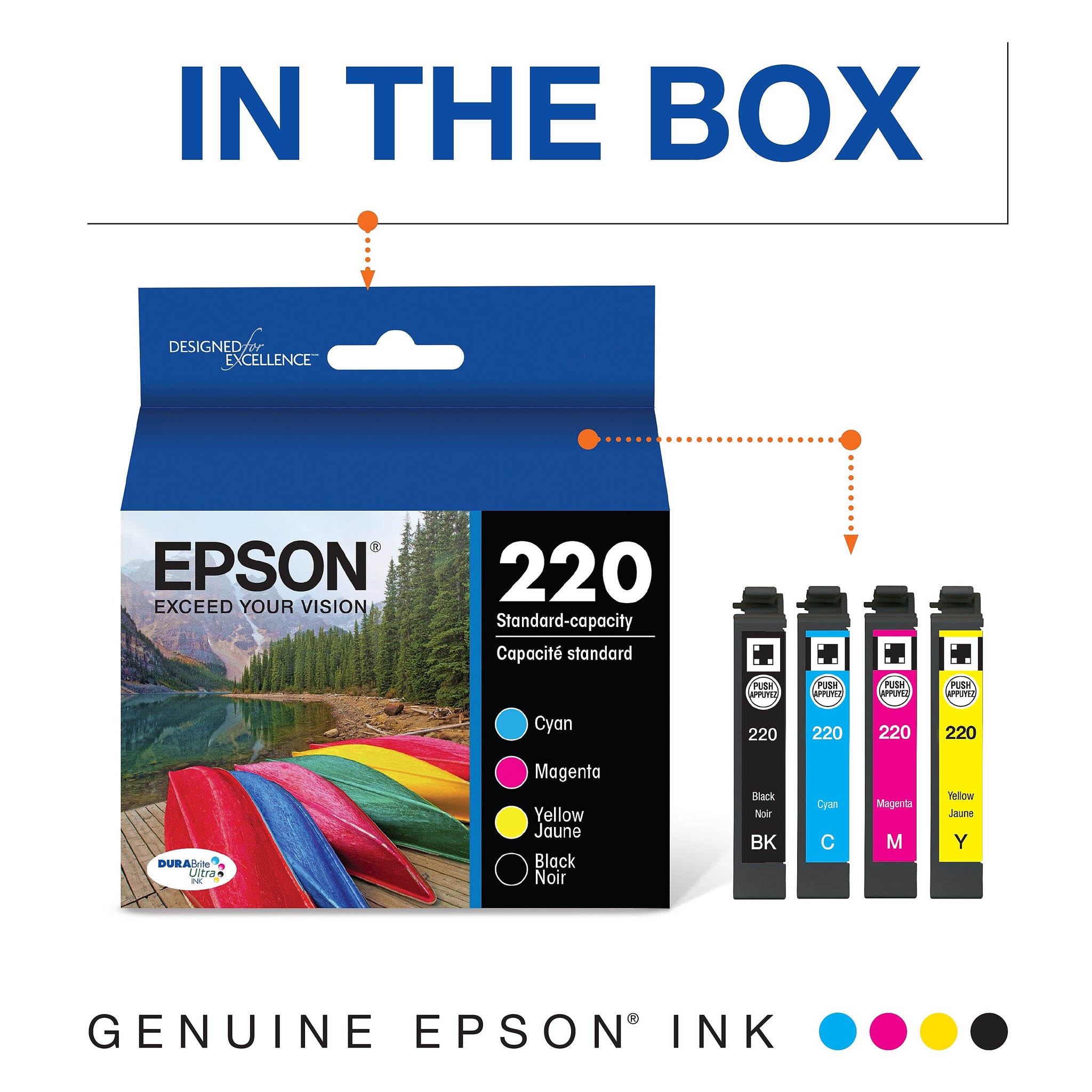 Epson T220 Black/Cyan/Magenta/Yellow Standard Yield Ink Cartridge, 4/Pack