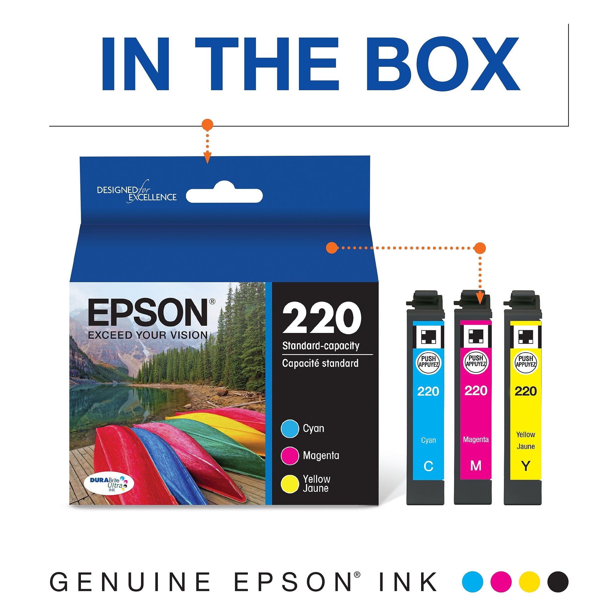 Epson T220 Cyan/Magenta/Yellow Standard Yield Ink Cartridge, 3/Pack