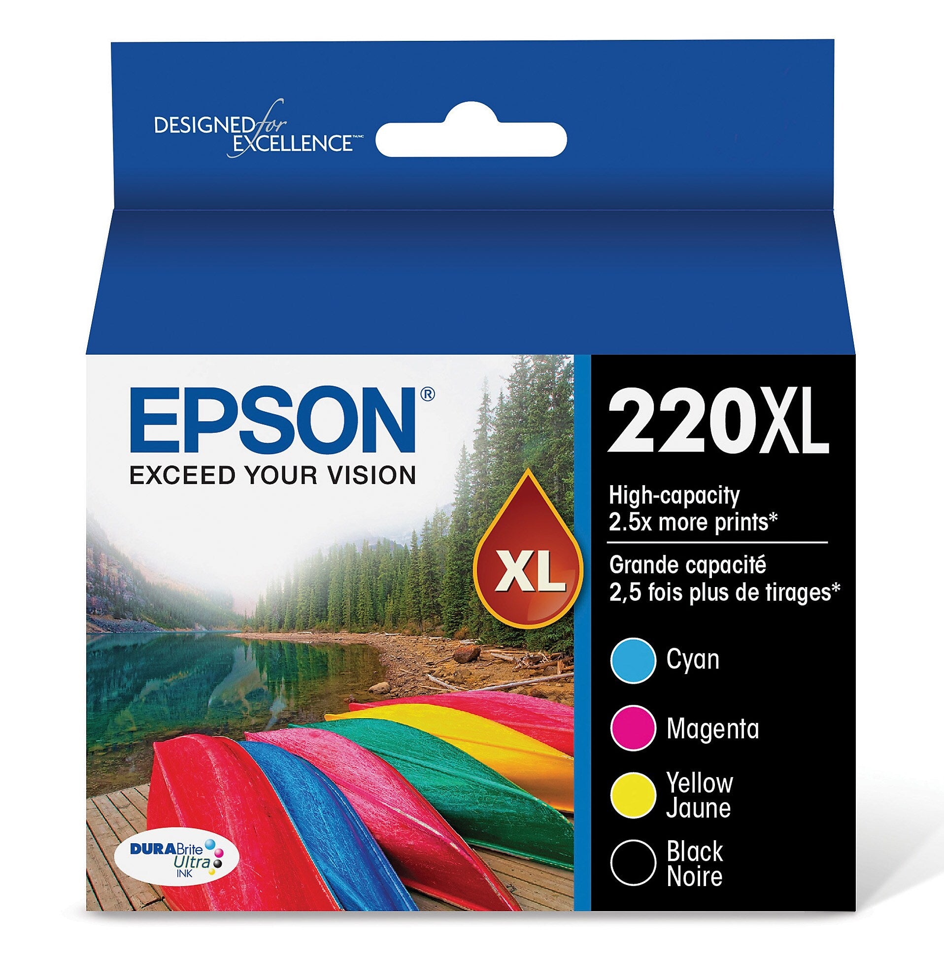 Epson T220XL Black/Cyan/Magenta/Yellow High Yield Ink Cartridge, 4/Pack