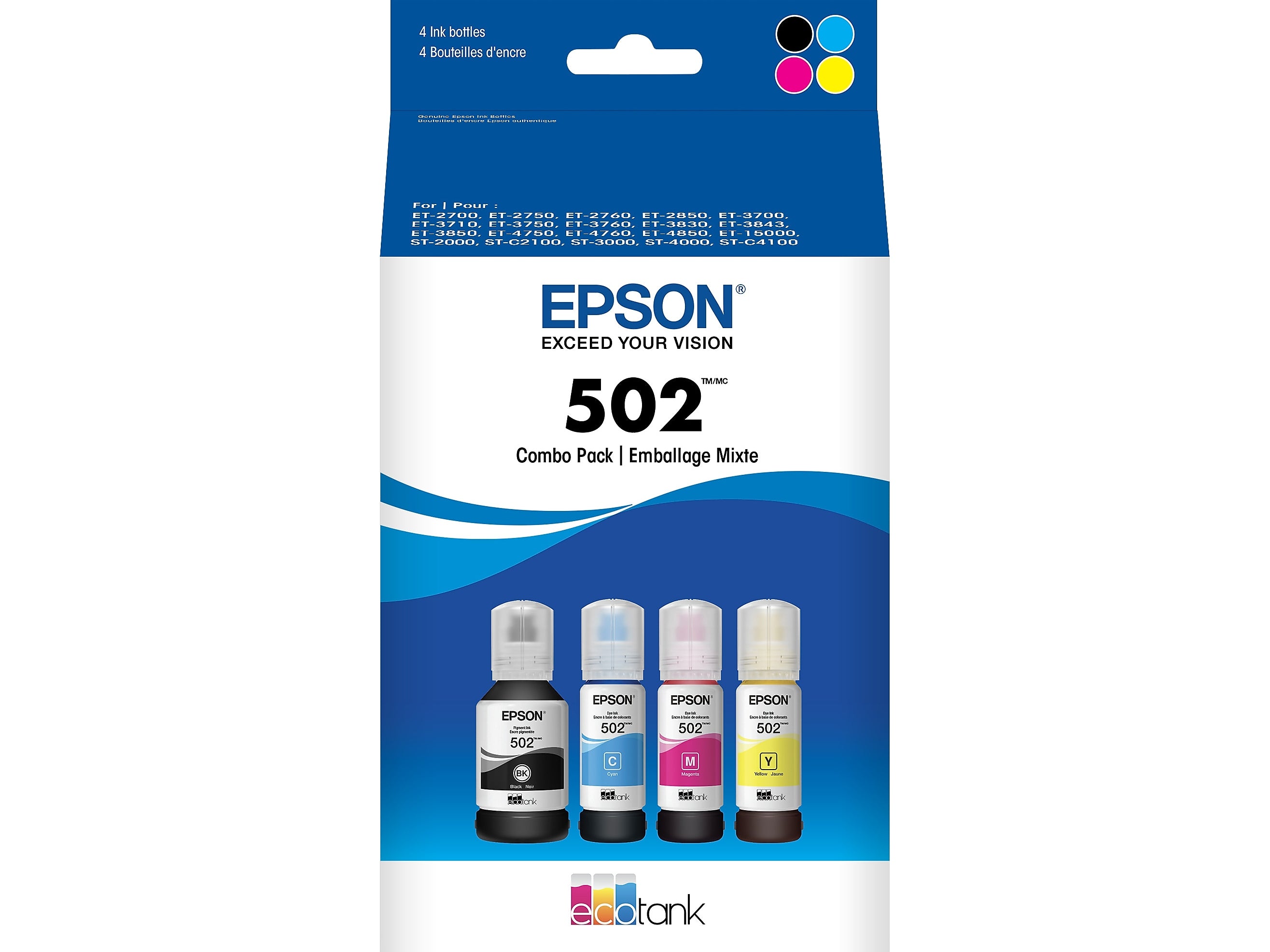 Epson T502 Black/Cyan/Magenta/Yellow Ultra High Yield Bottle, 4/Pack