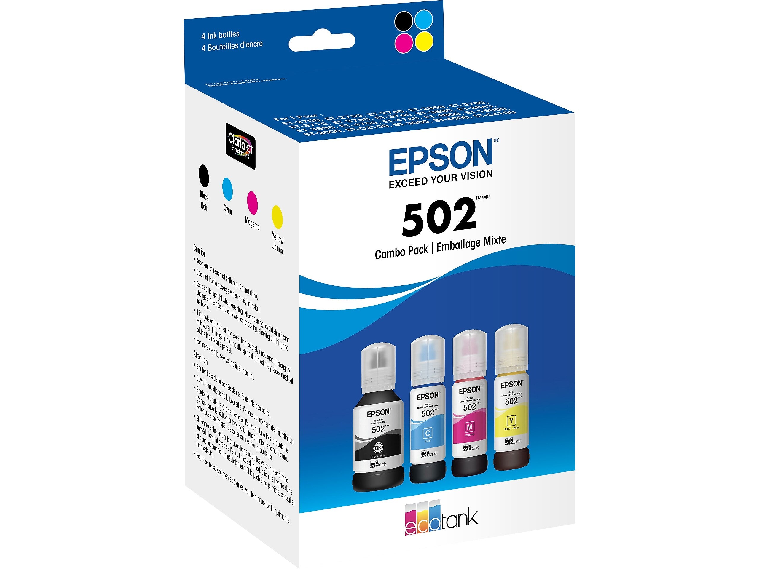 Epson T502 Black/Cyan/Magenta/Yellow Ultra High Yield Bottle, 4/Pack