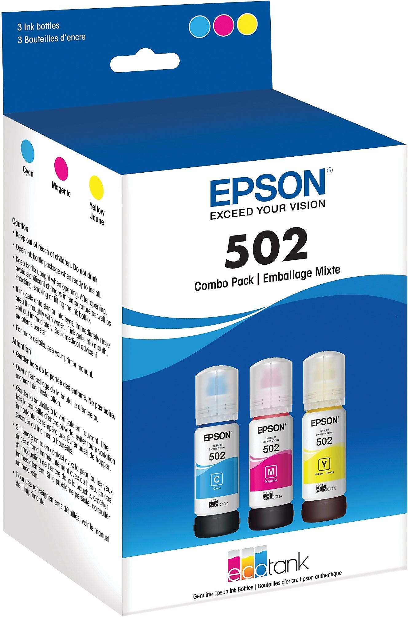 Epson T502 Cyan/Magenta/Yellow Standard Yield Ink Bottle, 3/Pack