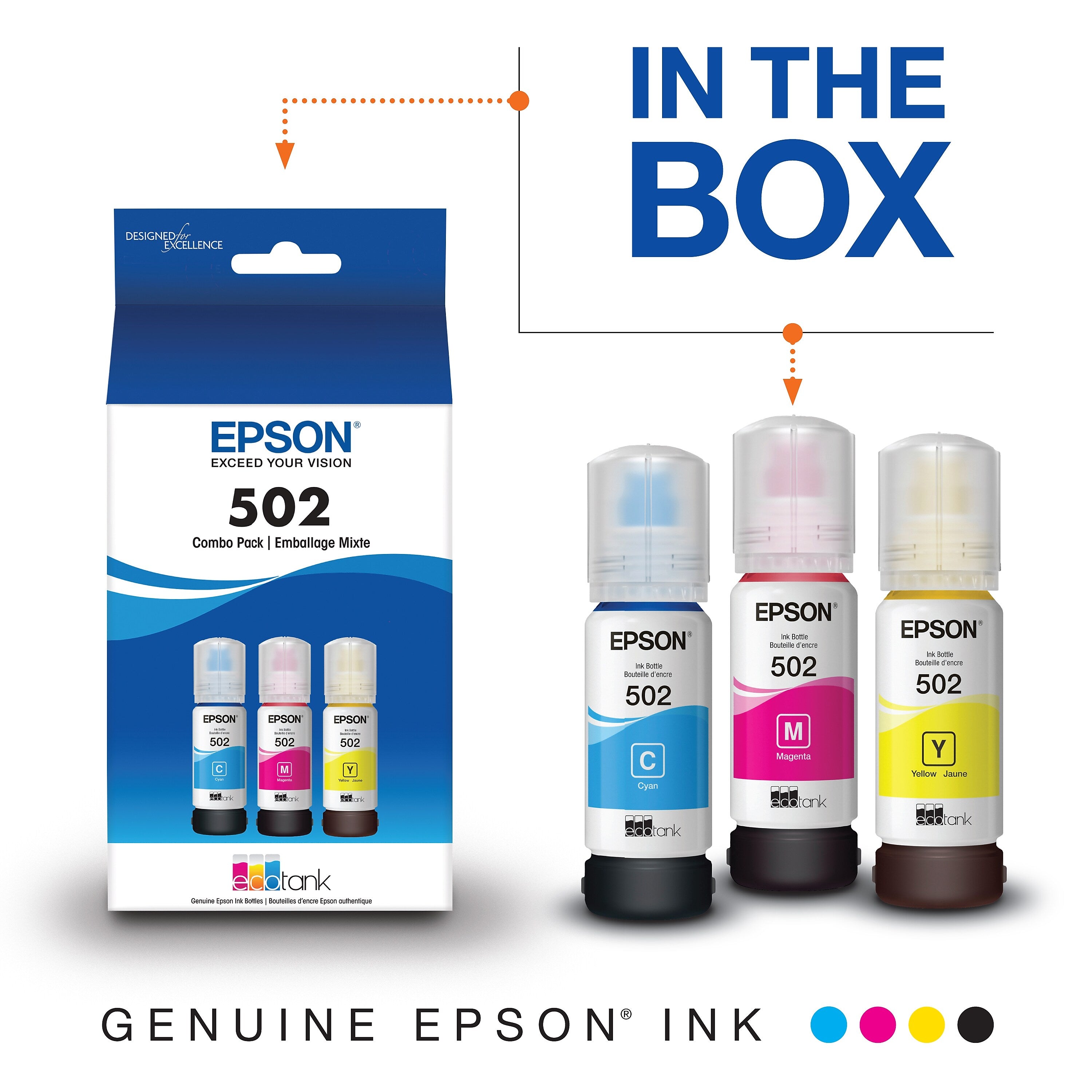 Epson T502 Cyan/Magenta/Yellow Standard Yield Ink Bottle, 3/Pack