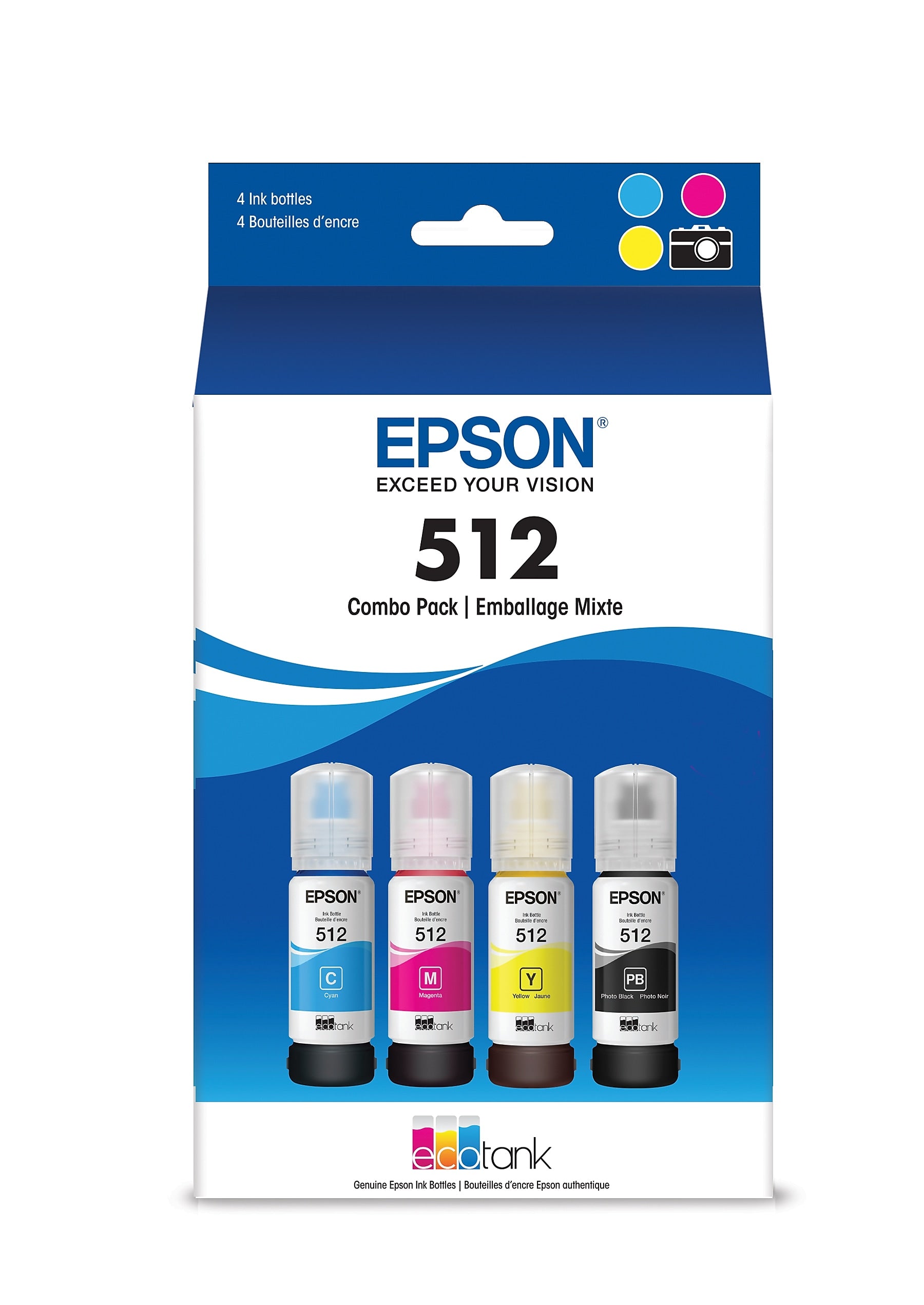 Epson T512 Cyan/Magenta/Yellow/Photo Black Standard Yield Ink Bottle, 4/Pack