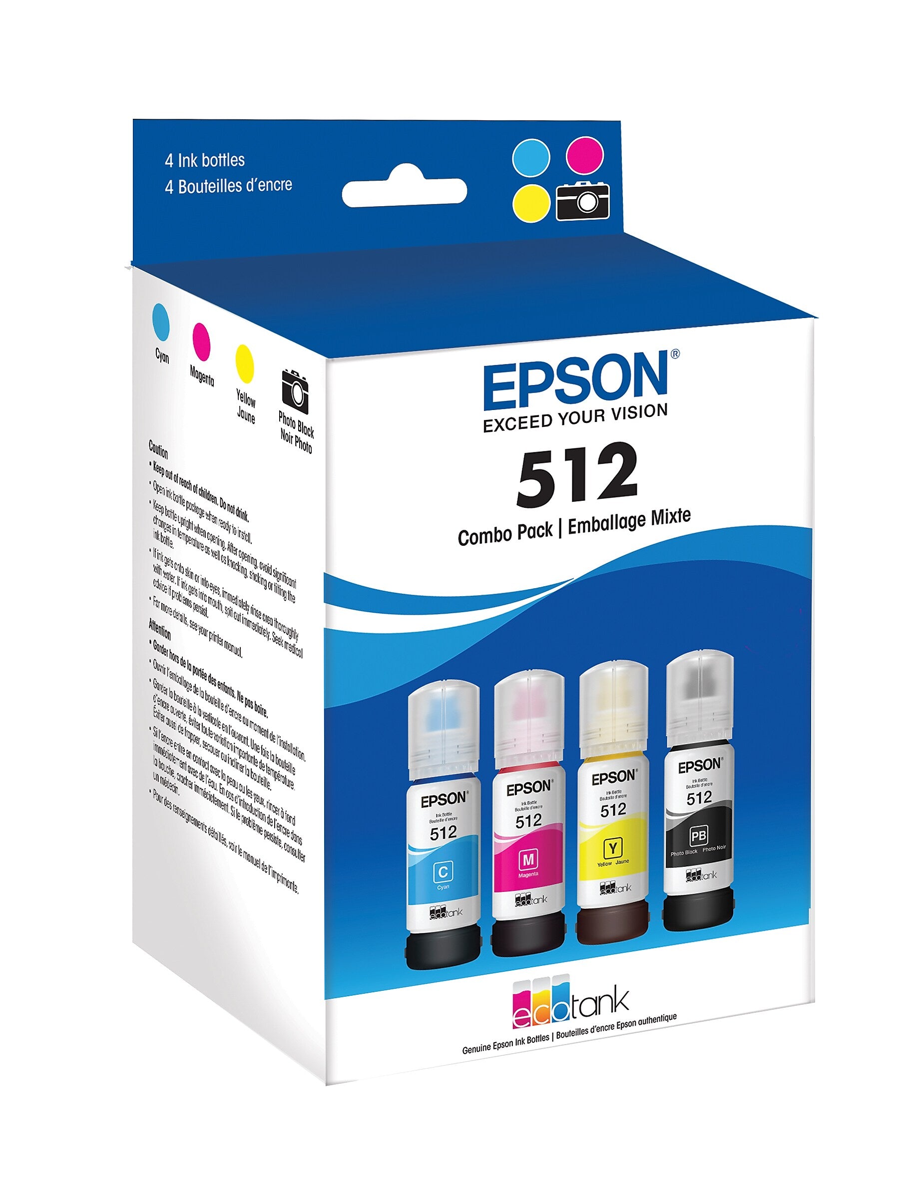 Epson T512 Cyan/Magenta/Yellow/Photo Black Standard Yield Ink Bottle, 4/Pack