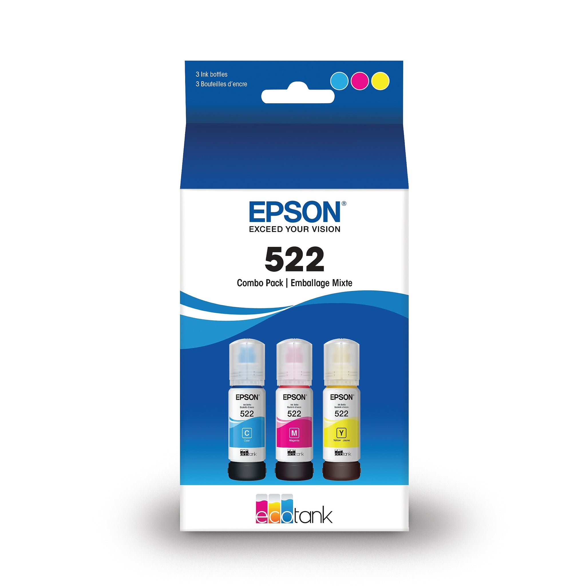Epson T522 Cyan/Magenta/Yellow Standard Yield Ink Bottle, 3/Pack