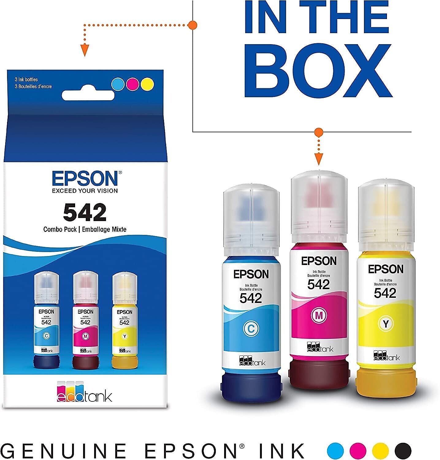 Epson T542 Cyan/Magenta/Yellow Ultra High Yield Ink Bottle, 3/Pack