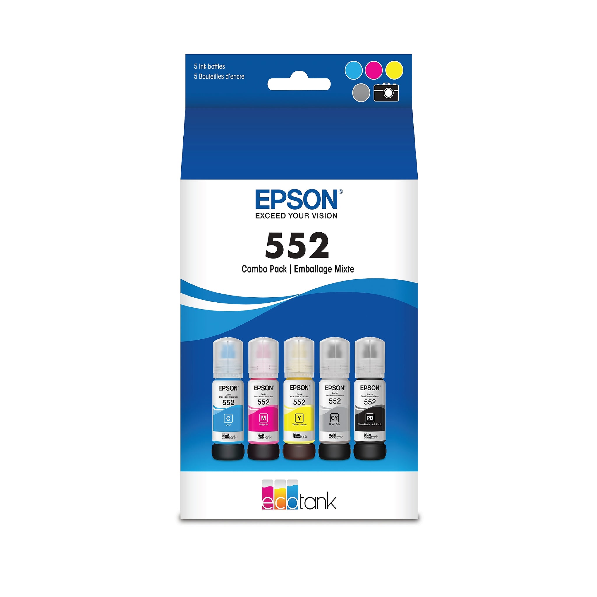Epson T552 Cyan/Yellow/Magenta/Photo Black/Gray High Yield Ink Cartridge, 5/Pack