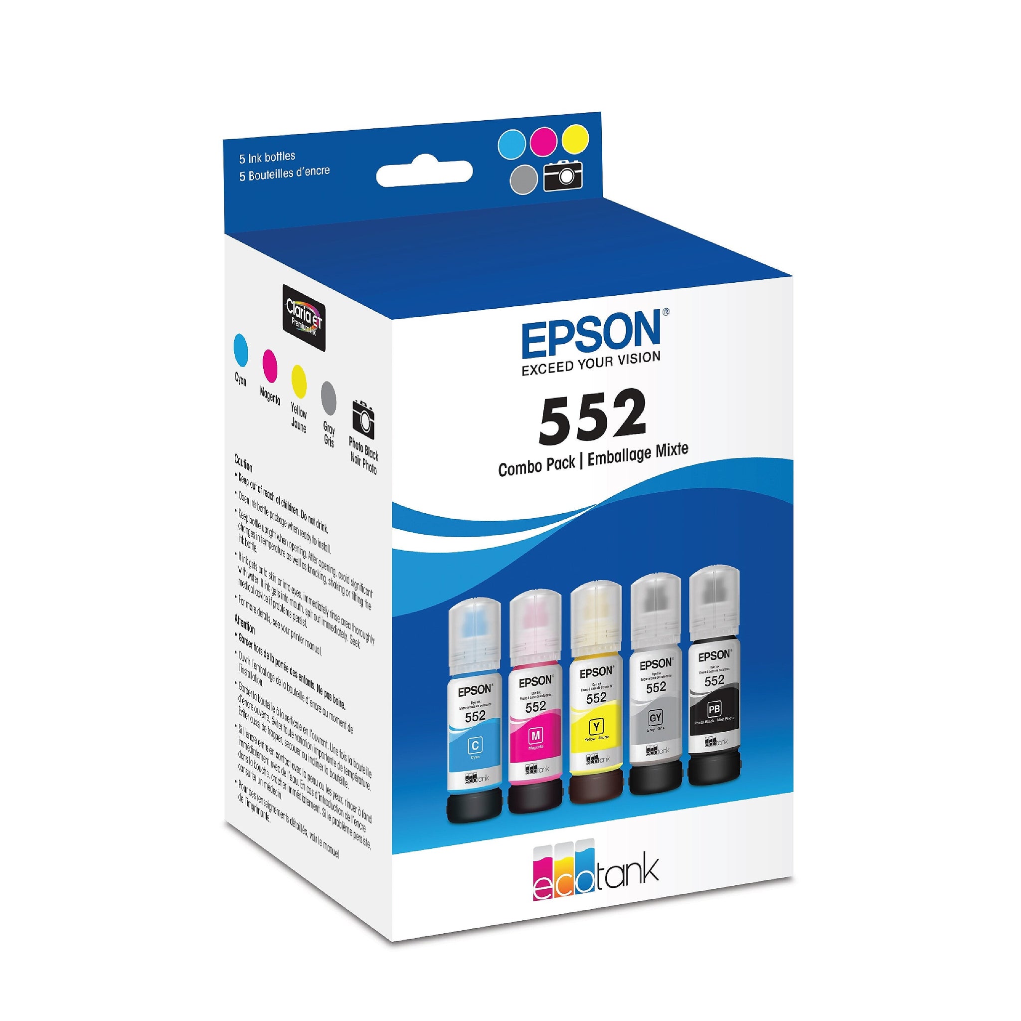 Epson T552 Cyan/Yellow/Magenta/Photo Black/Gray High Yield Ink Cartridge, 5/Pack