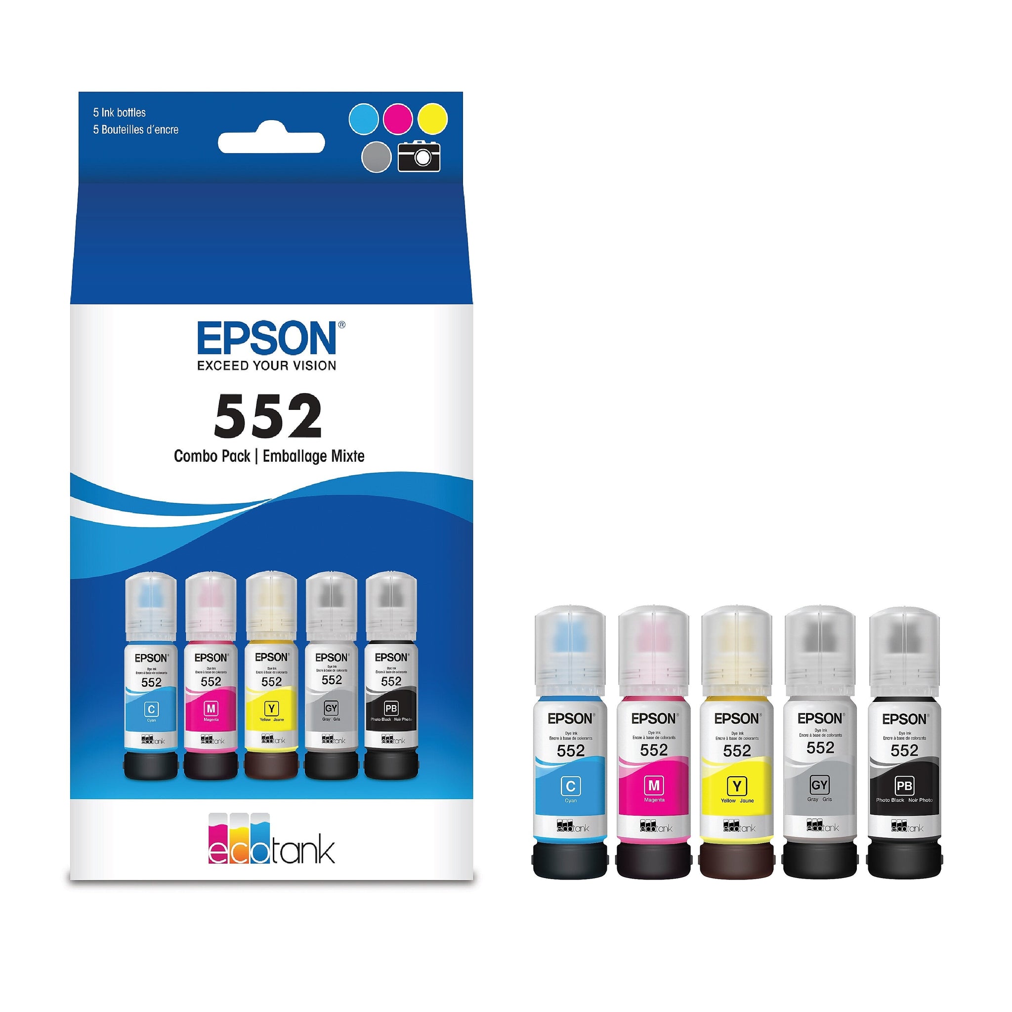 Epson T552 Cyan/Yellow/Magenta/Photo Black/Gray High Yield Ink Cartridge, 5/Pack