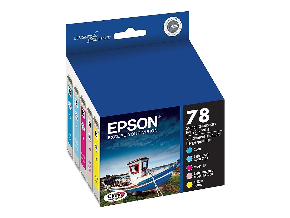 Epson T78 Cyan/Magenta/Yellow/Light Cyan/Light Magenta Standard Yield Ink Cartridge, 5/Pack