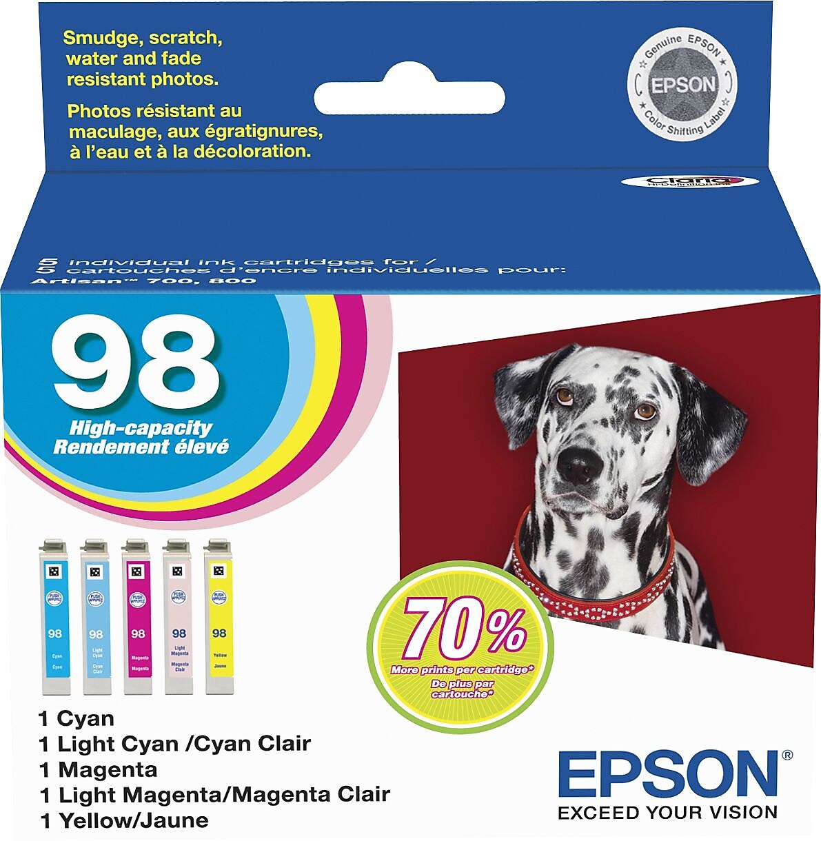 Epson T98 Cyan/Magenta/Yellow/Light Cyan/Light Magenta High Yield Ink Cartridge, 5/Pack