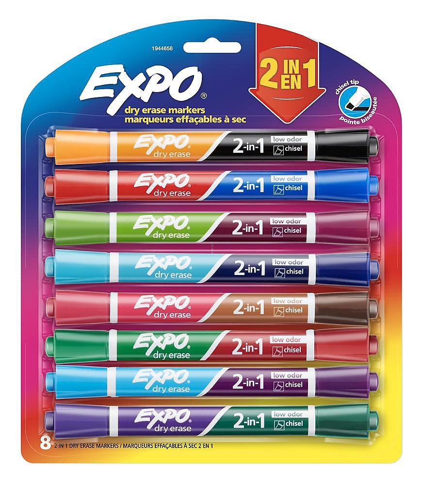 Expo 2-in-1 Tank Dry Erase Markers, Chisel Tip, Assorted, 8/Pack