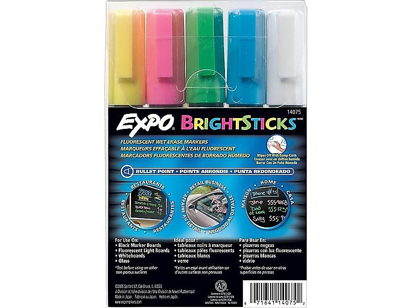 Expo BrightSticks Wet Erase Markers, Bullet Tip, Assorted, 5/Pack