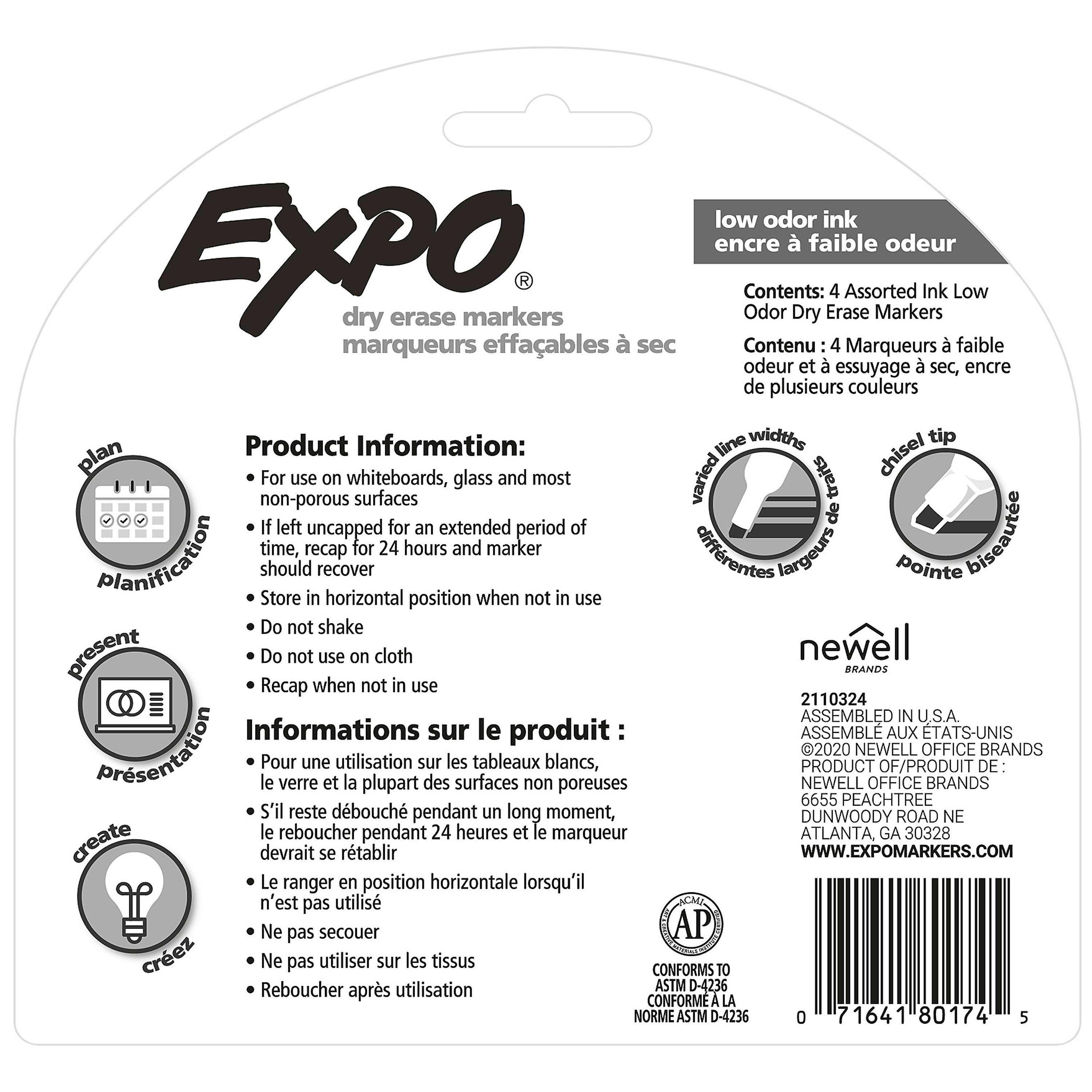 Expo Dry Erase Markers, Chisel Tip, Assorted, 4/Pack