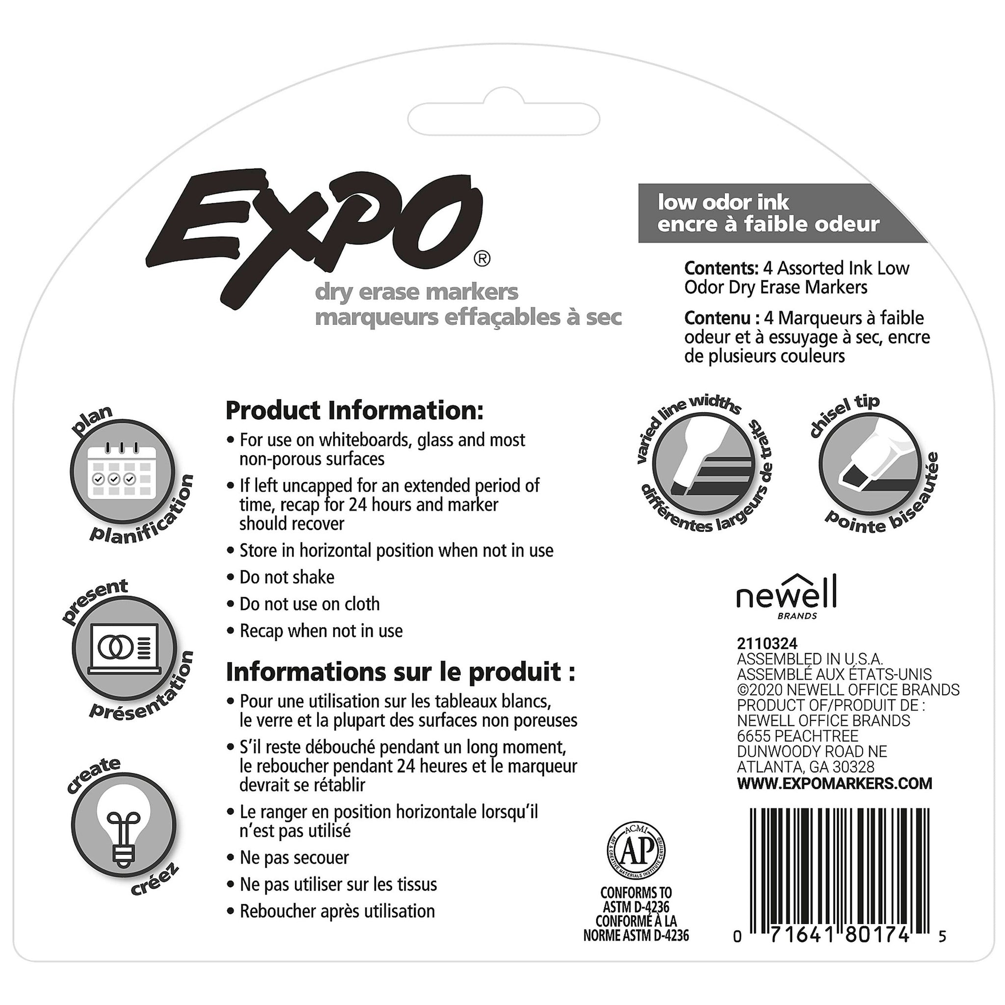 Expo Dry Erase Markers, Chisel Tip, Assorted, 4/Pack