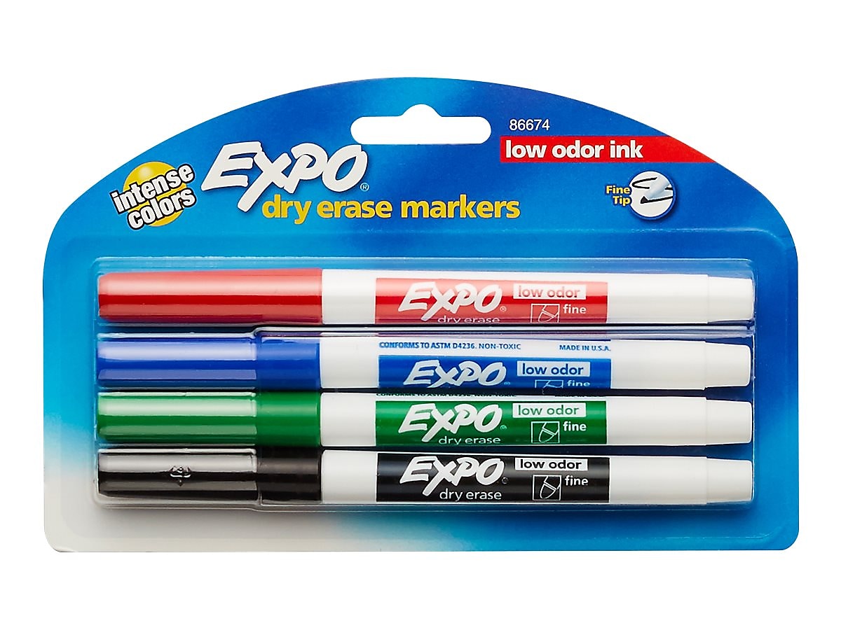 Expo Low Odor Dry Erase Markers, Fine Tip, Assorted, 4/Pack