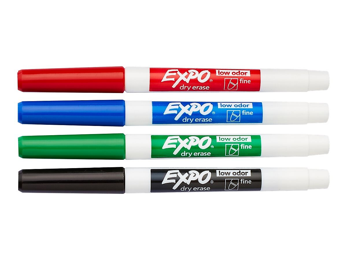 Expo Low Odor Dry Erase Markers, Fine Tip, Assorted, 4/Pack