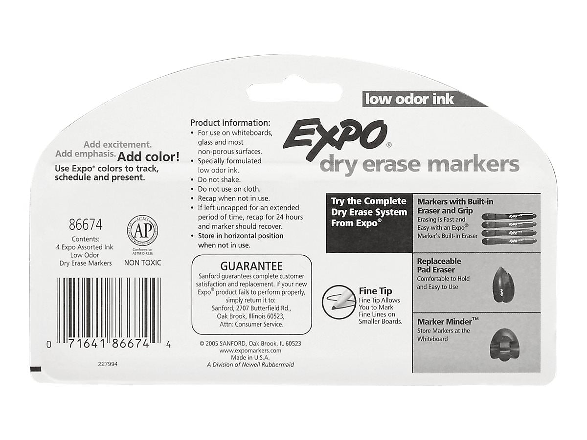 Expo Low Odor Dry Erase Markers, Fine Tip, Assorted, 4/Pack