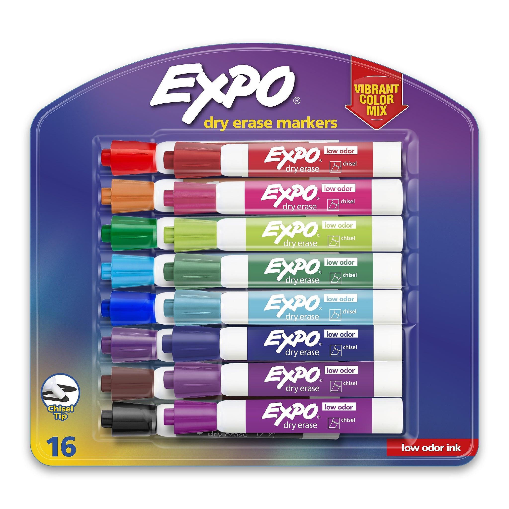 EXPO Low Odor Dry Erase Vibrant Color Markers, Chisel Tip, Assorted Colors, 16/set