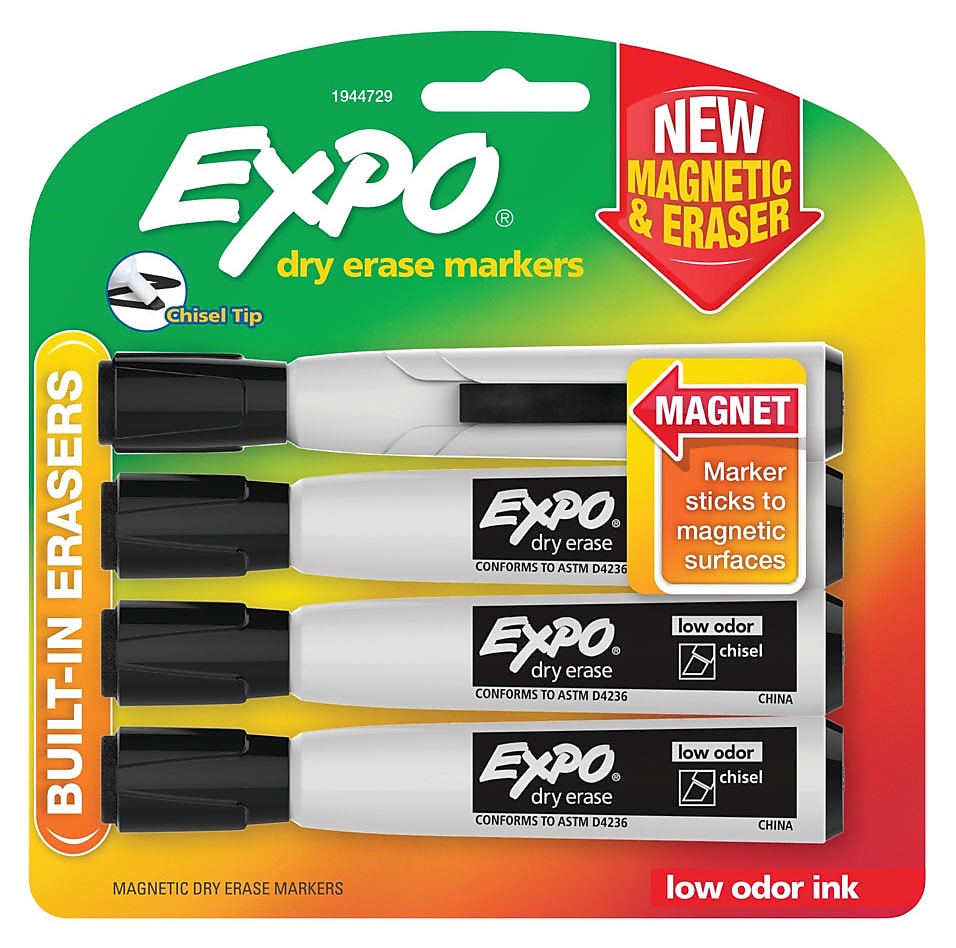 Expo Magnetic Dry Erase Markers, Chisel Tip, Black, 4/Pack