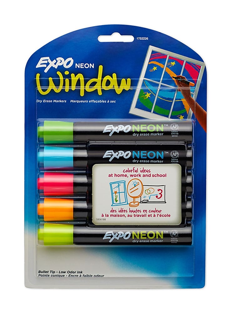 Expo Neon Window Dry Erase Markers, Bullet Tip, Assorted, 5/Pack