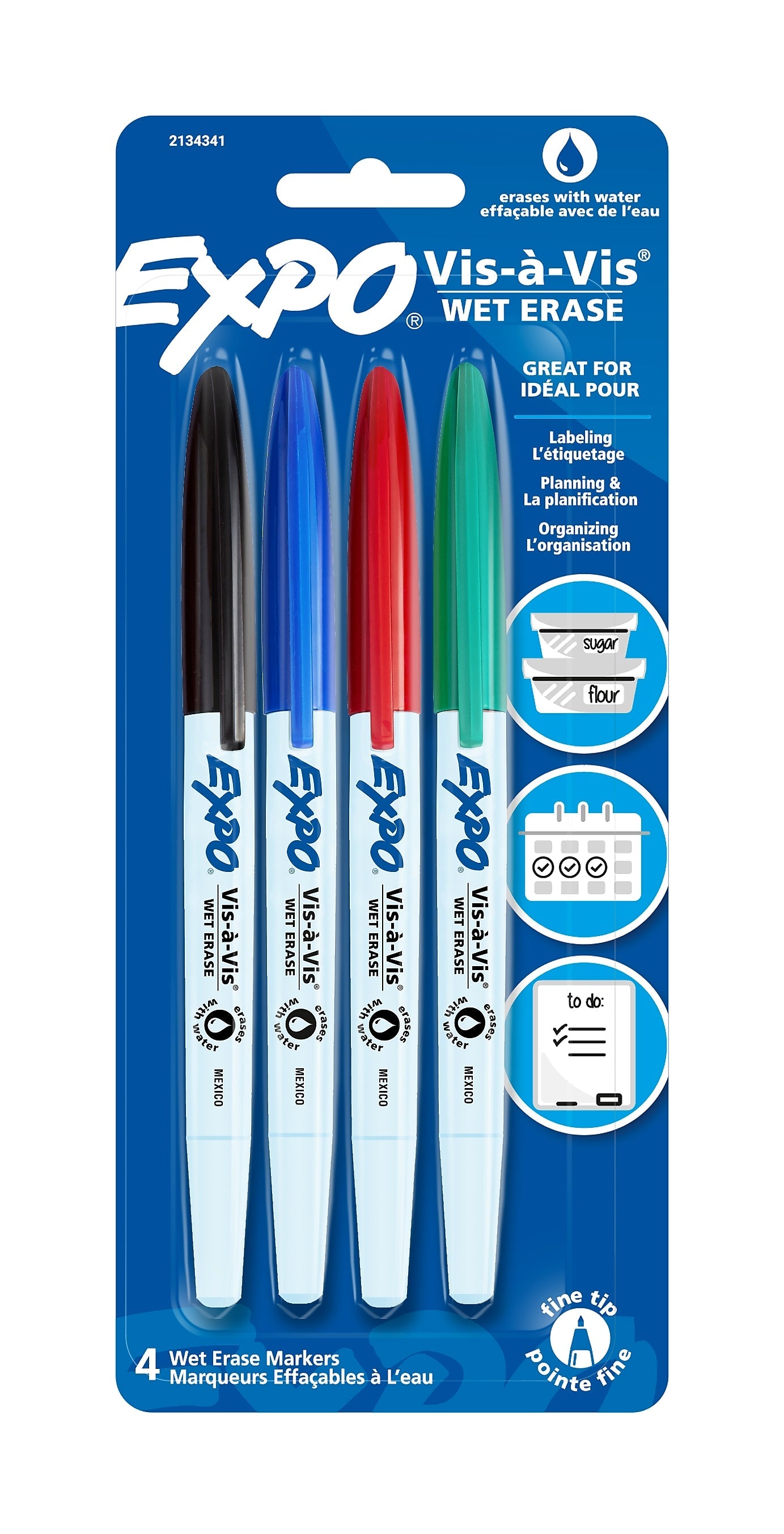 Expo Vis-a-Vis Wet Erase Markers, Fine Point, Assorted, 4/Pack