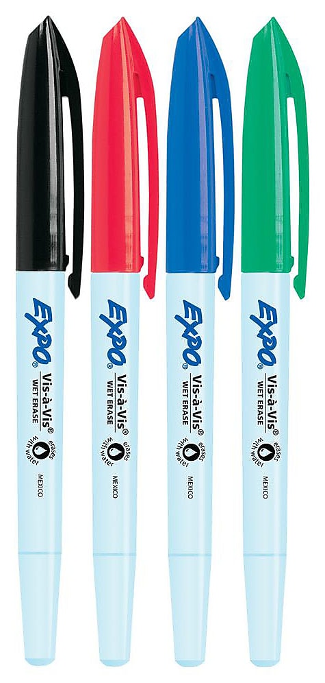 Expo Vis-a-Vis Wet Erase Markers, Fine Point, Assorted, 4/Pack