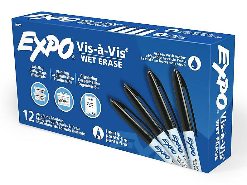 Expo Vis-A-Vis Wet Erase Markers, Fine Point, Black, Dozen