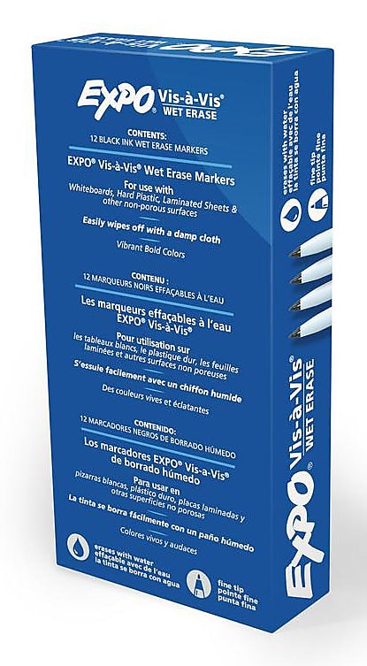 Expo Vis-A-Vis Wet Erase Markers, Fine Point, Black, Dozen