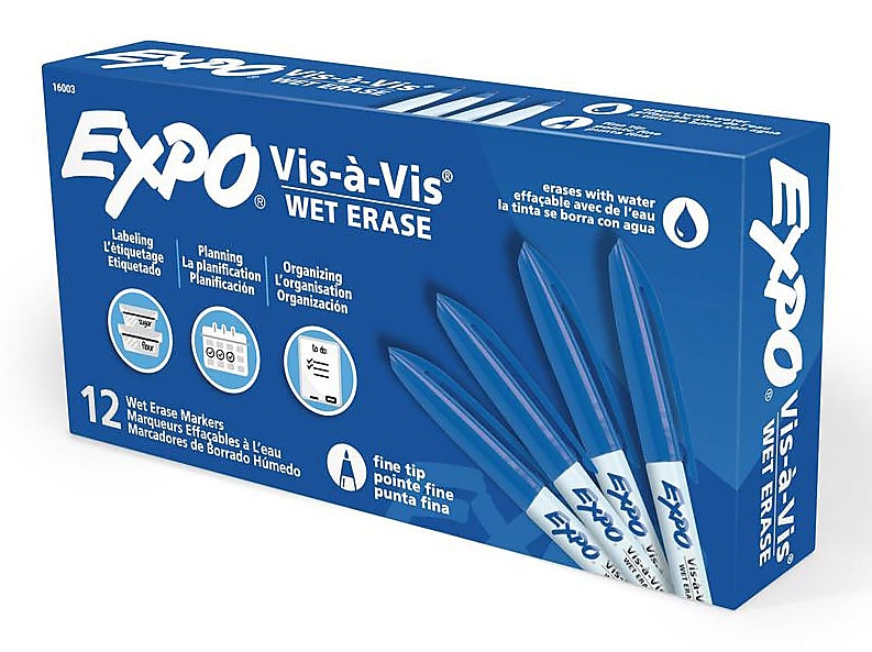 Expo Vis-a-Vis Wet Erase Markers, Fine Point, Blue, 12/Pack