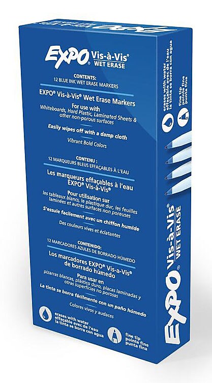 Expo Vis-a-Vis Wet Erase Markers, Fine Point, Blue, 12/Pack
