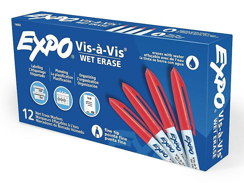 Expo Vis-A-Vis Wet Erase Markers, Fine Point, Red, 12/Pack