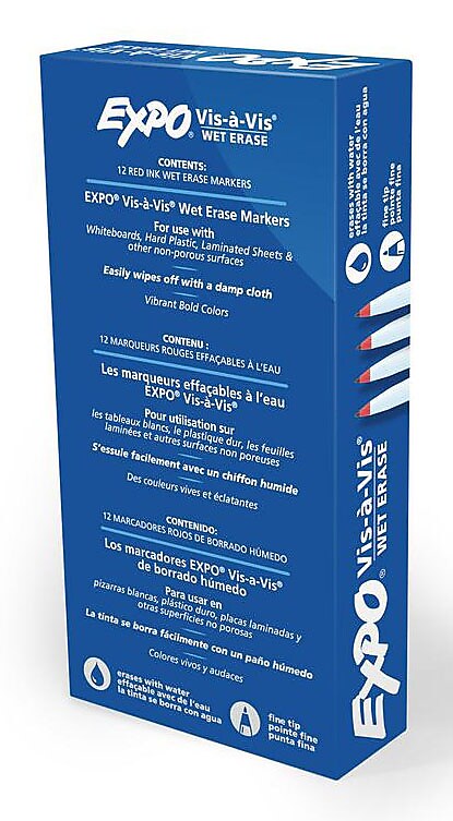 Expo Vis-A-Vis Wet Erase Markers, Fine Point, Red, 12/Pack