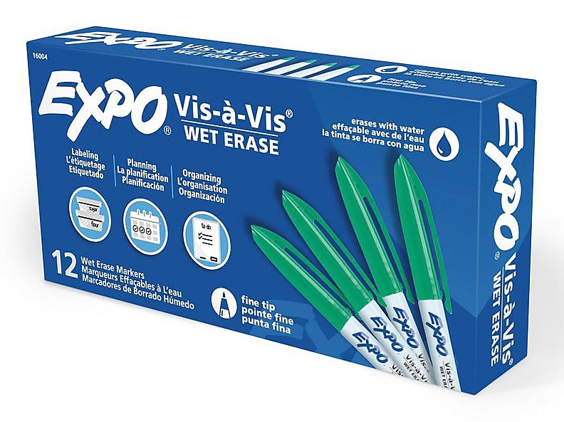 Expo Vis-à-Vis Wet Erase Markers, Fine Point, Green, 12/Pack
