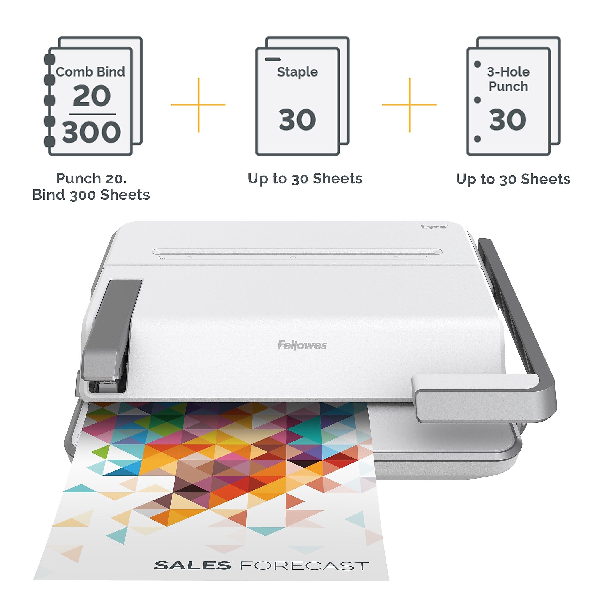 Fellowes Lyra Comb Binding Machine, 30 Sheet Capacity, White/Gray