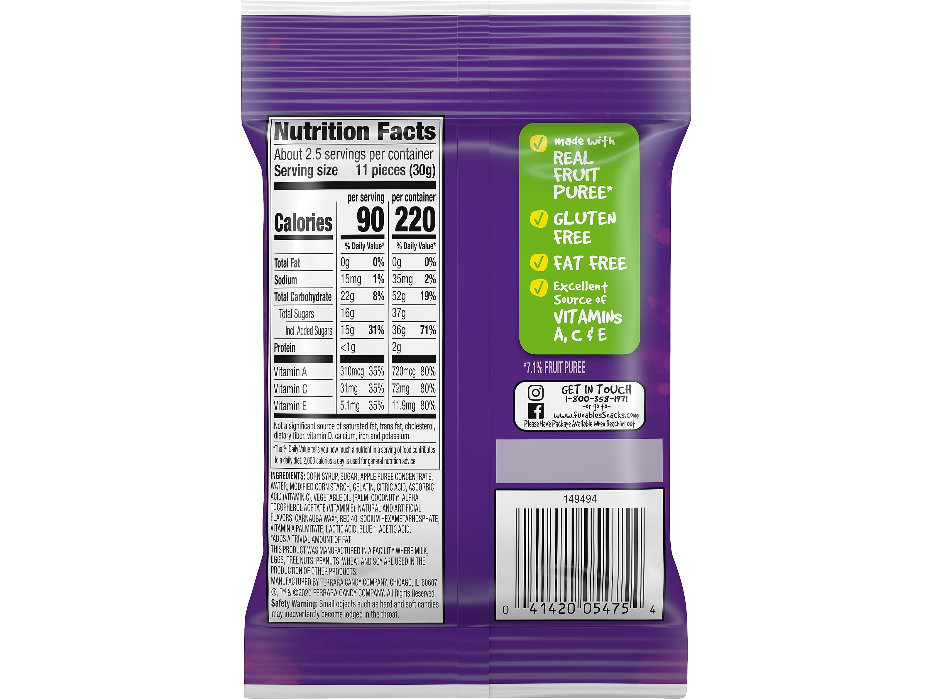 Ferrara Funables Gluten Free Mixed Berry Fruit Snacks, 2.5 oz, 48/Carton