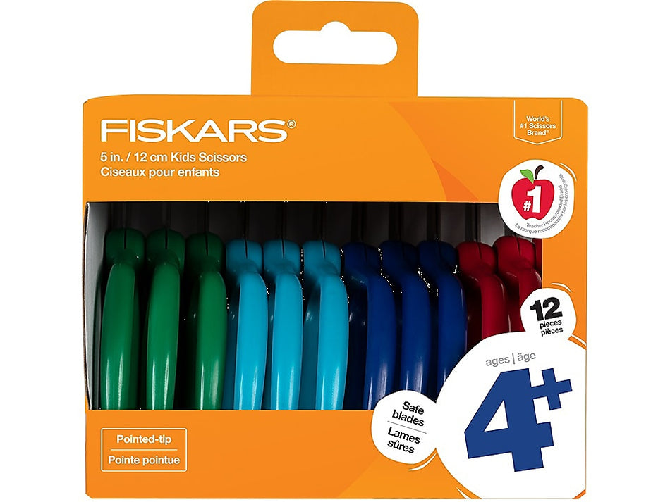 Fiskars Kids' Scissors, Pointed Tip, Assorted Colors, 12/Pack