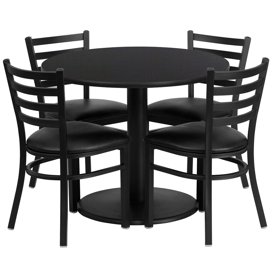 Flash Furniture 36'' Round Black Laminate Table Set W/4 Ladder Back Black Vinyl Seat Chairs